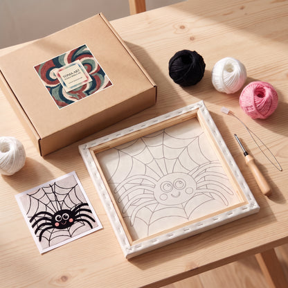 Punch needle kit contents - Pre-stretched canvas, yarn, needle and step-by-step instructions.