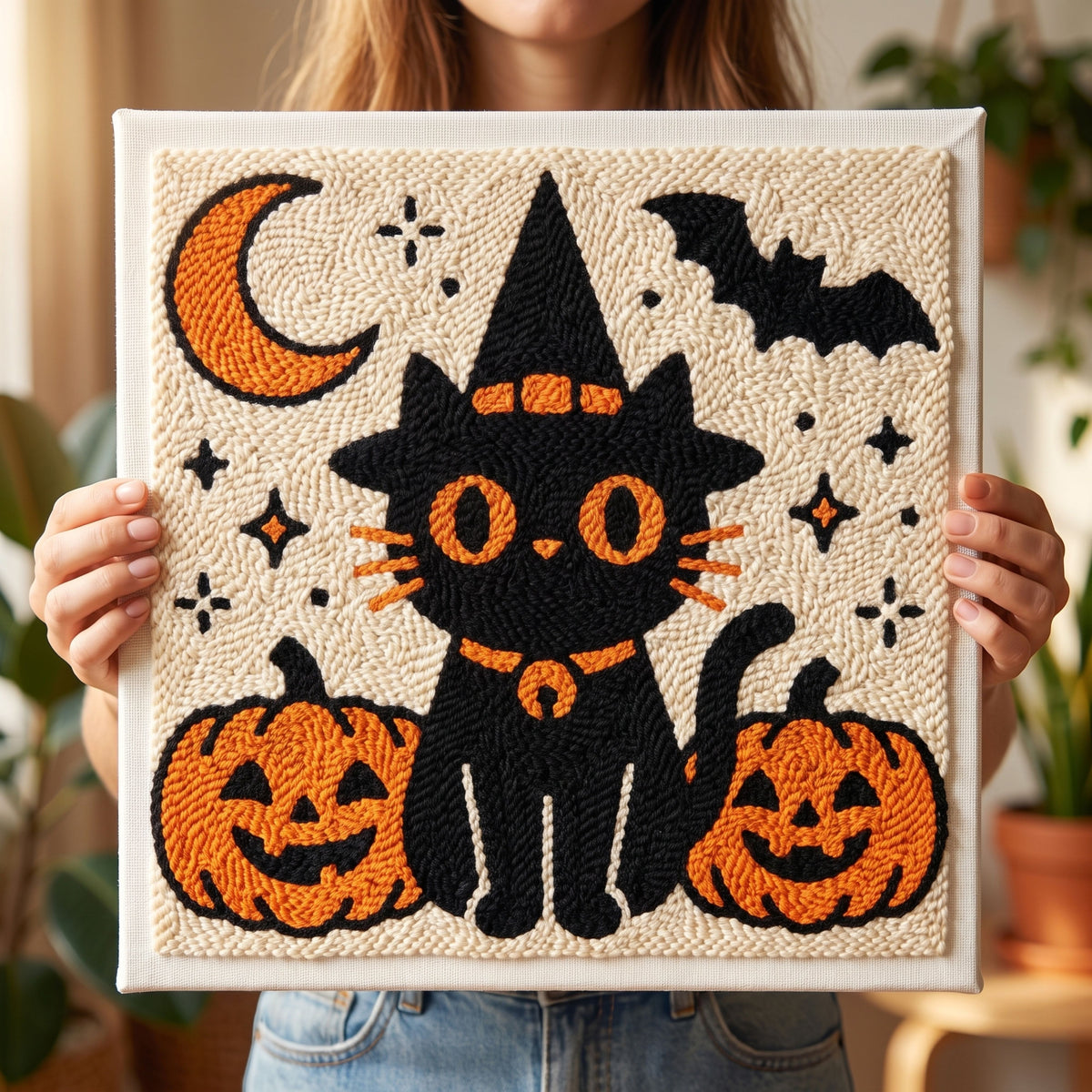Finished Salem le Chat d'Halloween punch needle artwork styled in a home interior.