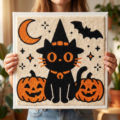 Finished Salem le Chat d'Halloween punch needle artwork styled in a home interior.