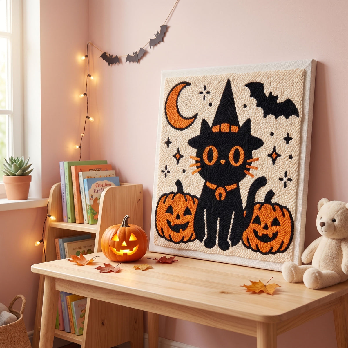 Blank pre-stretched canvas with the Salem le Chat d'Halloween pattern pre-printed, ready for punch needle embroidery.