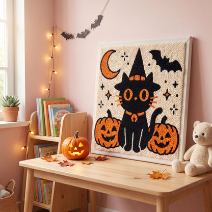 Blank pre-stretched canvas with the Salem le Chat d'Halloween pattern pre-printed, ready for punch needle embroidery.