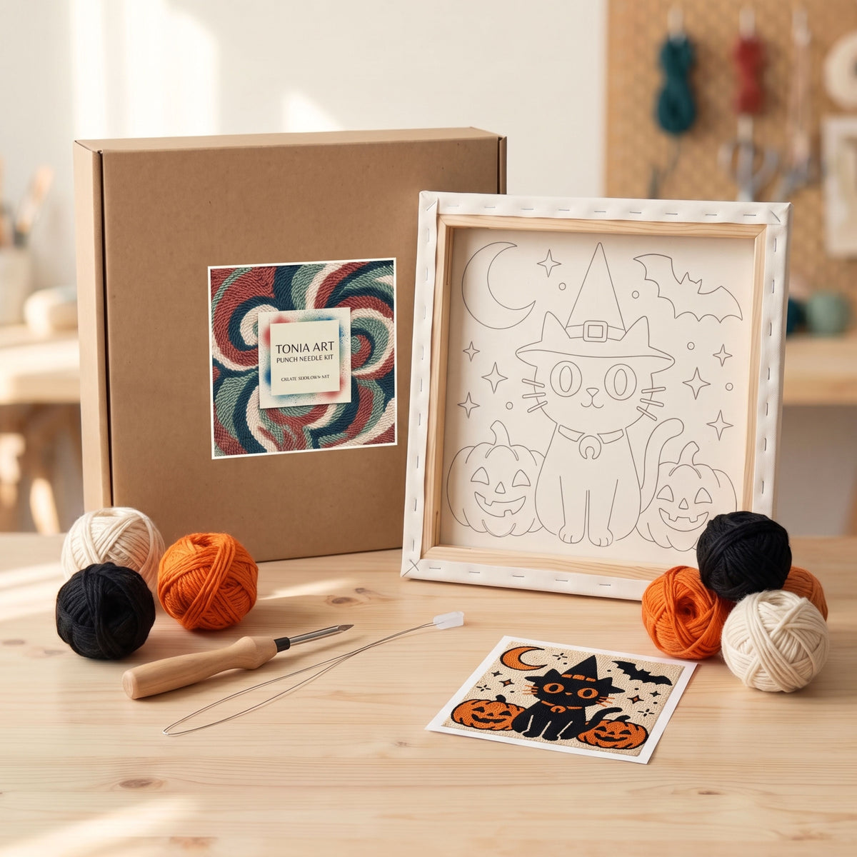 Punch needle kit contents - Pre-stretched canvas, yarn, needle and step-by-step instructions.
