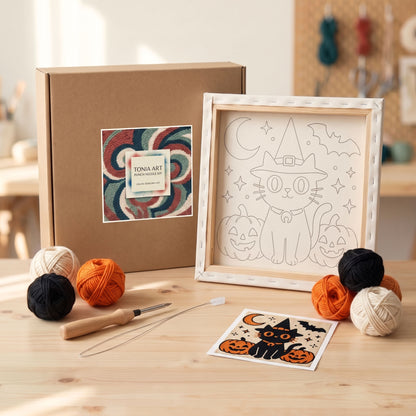 Punch needle kit contents - Pre-stretched canvas, yarn, needle and step-by-step instructions.