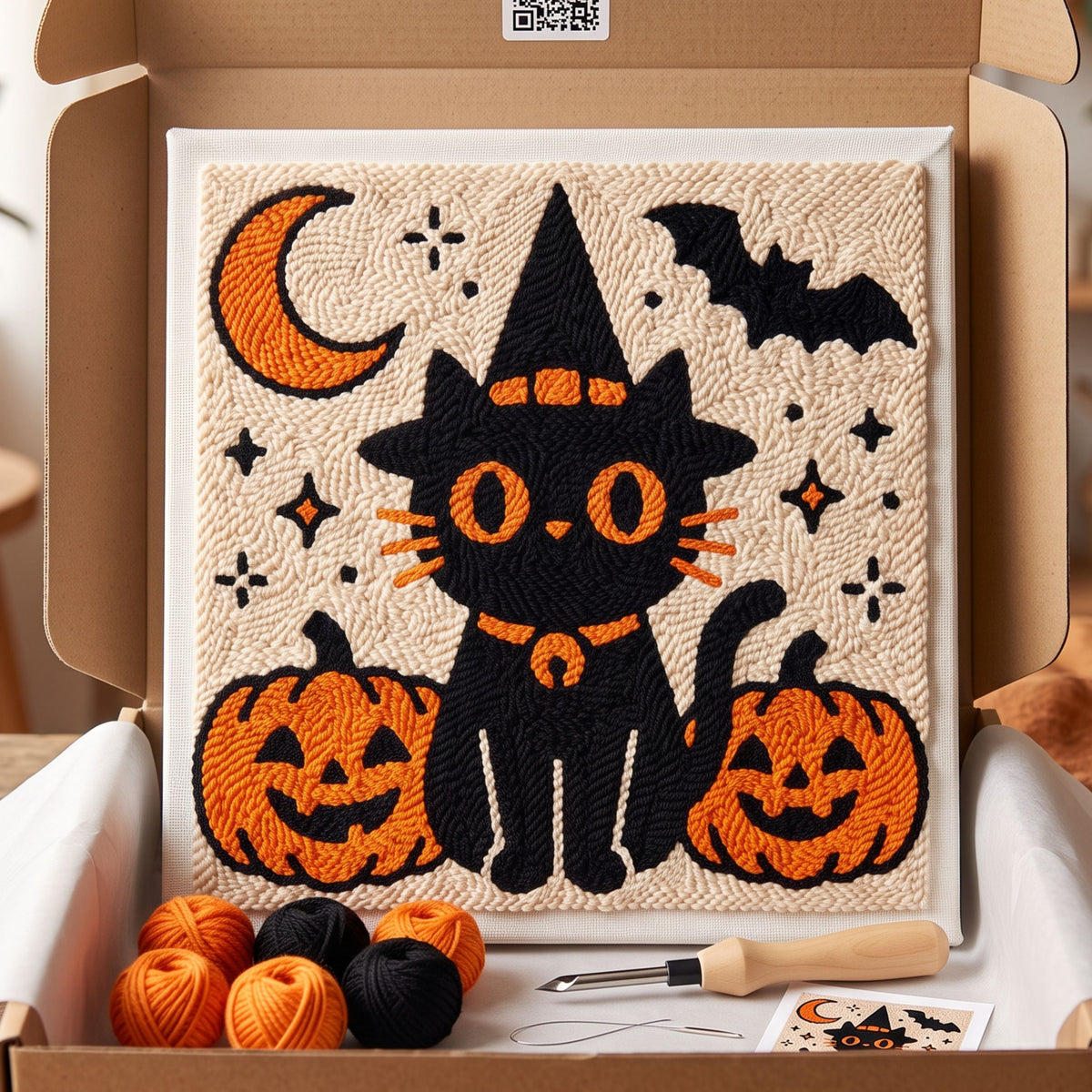 Tonia Art Salem le Chat d'Halloween Punch Needle Kit - Handmade DIY wall art on pre-stretched frame.