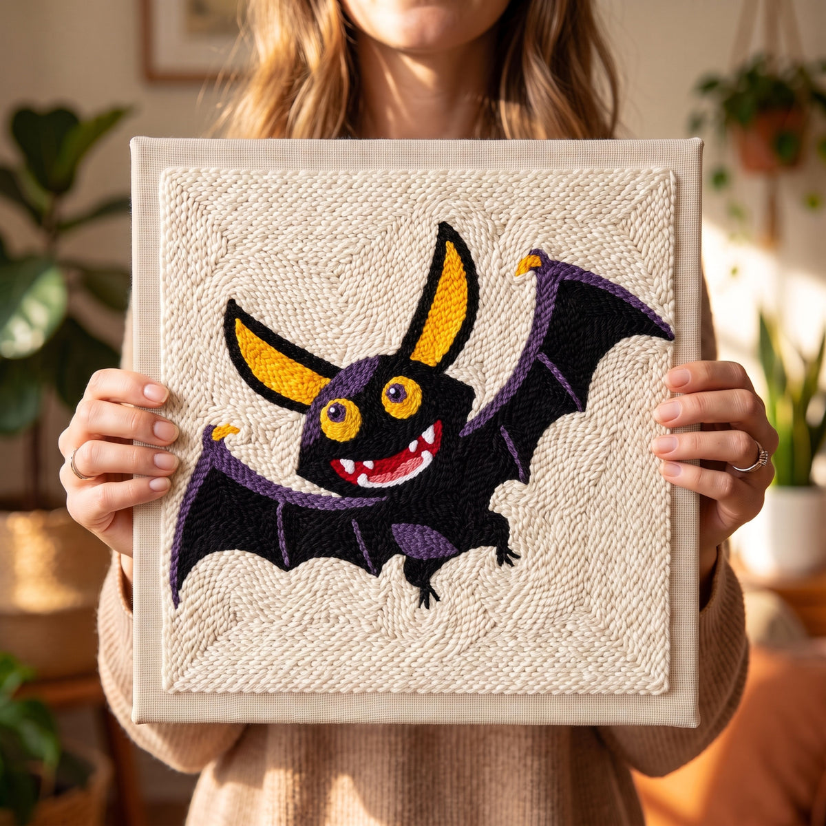 Blank pre-stretched canvas with the Dracula la Chauve-souris pattern pre-printed, ready for punch needle embroidery.