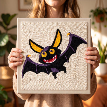 Blank pre-stretched canvas with the Dracula la Chauve-souris pattern pre-printed, ready for punch needle embroidery.