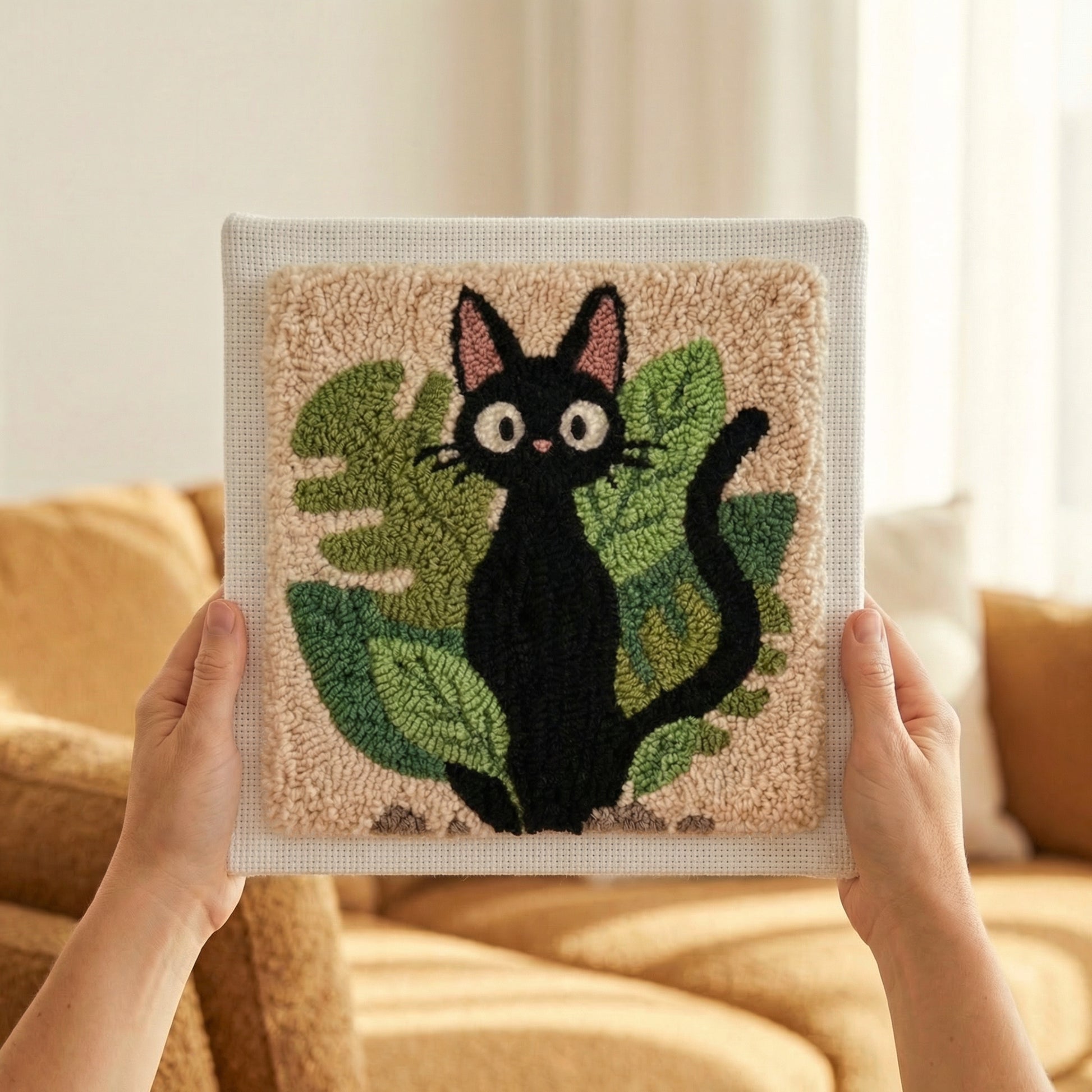 Broderie Punch Needle chat noir - Travail de la laine noire texturée avec aiguille magique sur toile tendue.