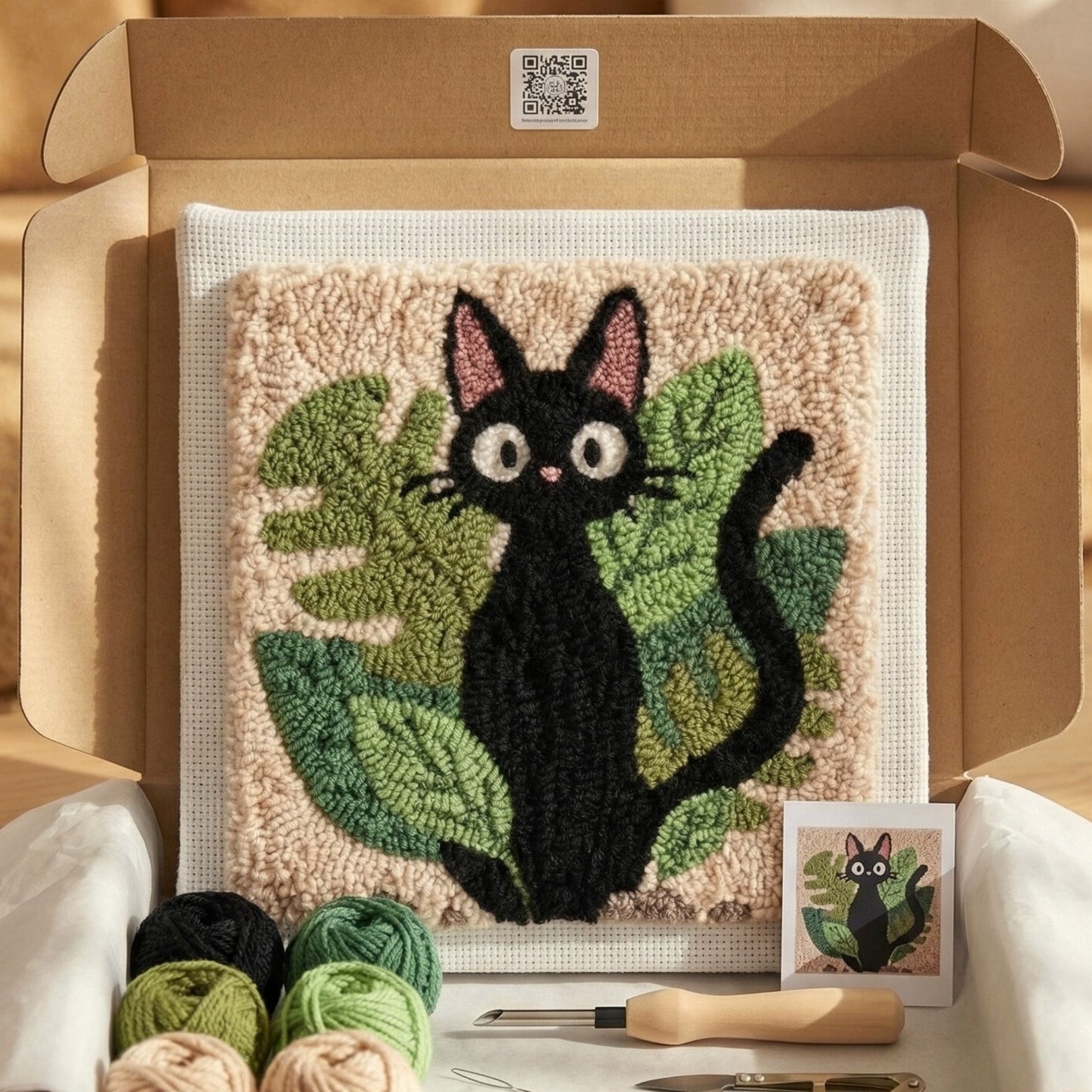 Kit Punch Needle Mystique Chat Noir Tonia Art - Décoration murale chat élégante DIY sur châssis en bois.