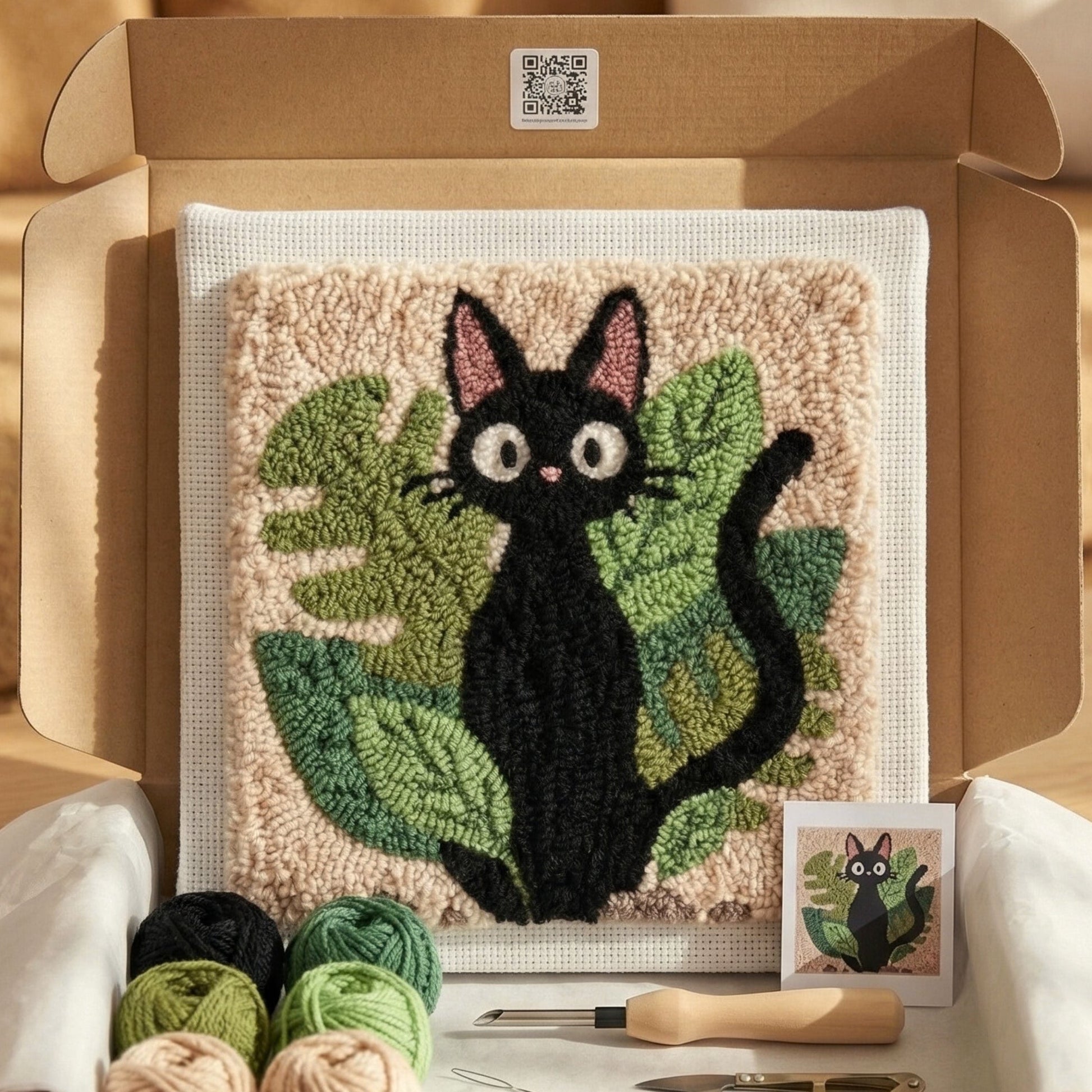 Kit Punch Needle Mystique Chat Noir Tonia Art - Décoration murale chat élégante DIY sur châssis en bois.
