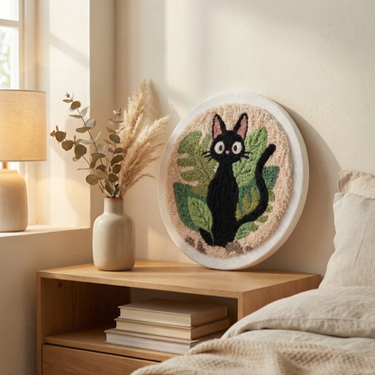 Finished Mystique Chat Noir punch needle artwork styled in a home interior.